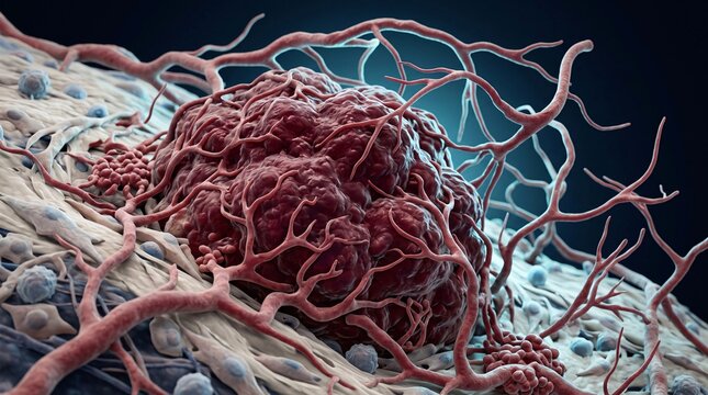 3D medical illustration of a malignant tumor with dense angiogenesis and blood vessel network