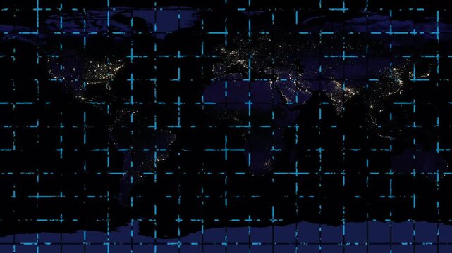 Earth globe animation reveals urban electrical illumination. Planetary observation surveillance satellites capture Earth globe animation. Energy analysts use globe.
