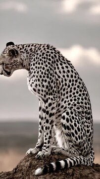 Vertical Video-Black and White Cheetah Sitting Upright on Mound Overlooking Grassland, African Big Cat Wildlife Portrait