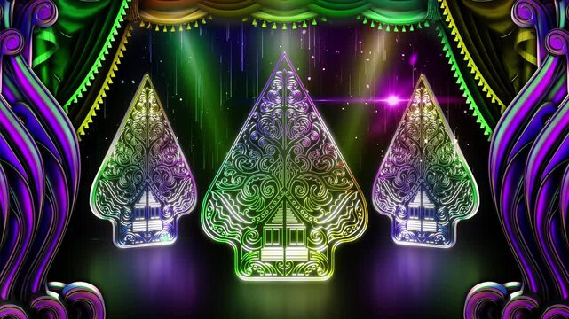 Vibrant Traditional Javanese Stage Background with Glowing Ornate Patterns