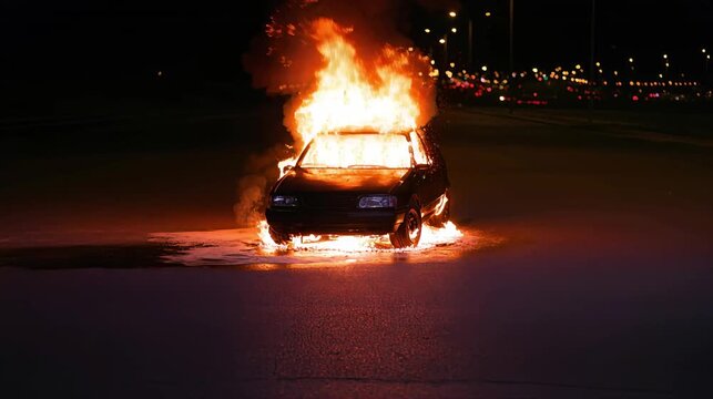 A car is engulfed in flames on a dark road at night in a video