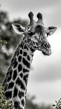 Vertical Video-Black and White Giraffe Head and Neck Close-Up, Elegant African Wildlife Portrait, Feeding From Tree Leaves