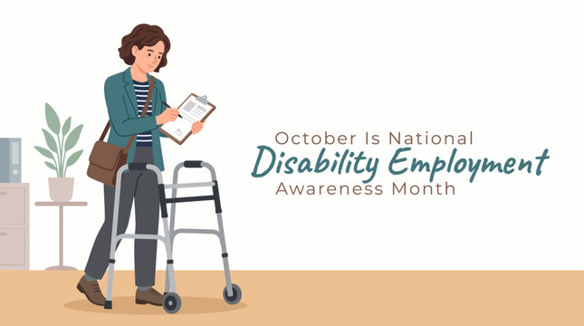 Disabled woman using walker while writing on clipboard for National Disability Employment Awareness Month illustration
