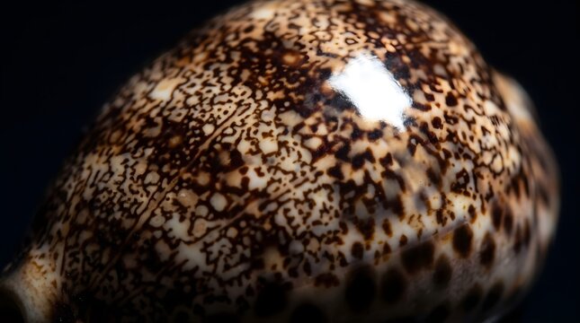 Exotic tiger cowrie seashell texture close up, patterned marine sea shell macro, glossy spotted mollusk shell background