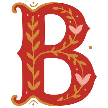 Letter B floral vintage monogram drop cap christmas ornament typography vector illustration