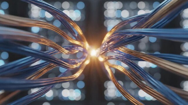 Glowing fiber optic cables transferring data and energy in server room, high-speed telecommunications and cloud computing background