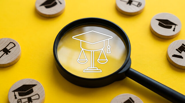Magnifying Glass Highlighting Graduation Cap and Scale of Justice Icon | Educational Law Concept with Magnifying Glass over Legal Education Symbol | Higher Education Law and Legal Justice Search 