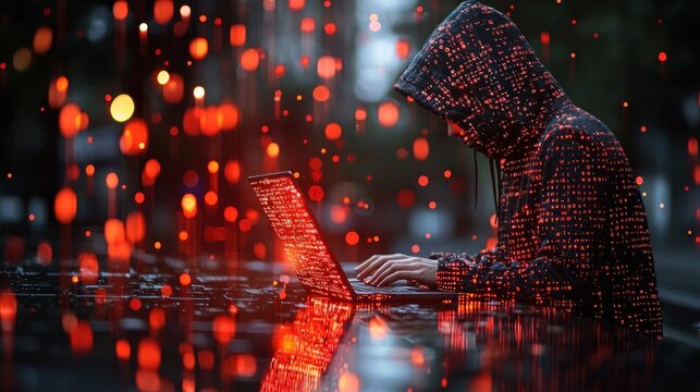Hooded figure codes with laptop on reflective surface