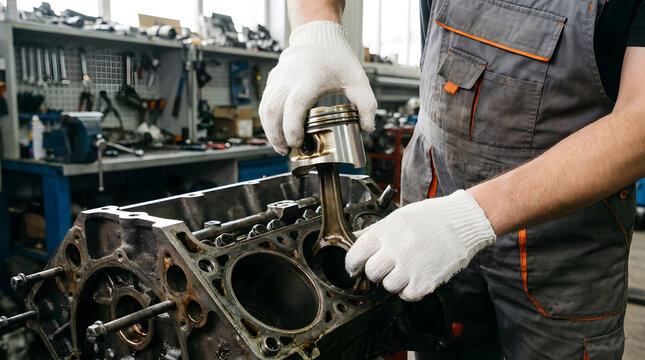 Auto Mechanic Installing Engine Piston into Cylinder Block Close Up | Professional Car Mechanic Assembling Engine Piston during Rebuild | Automotive Mechanic Rebuilding Engine Block with New Piston