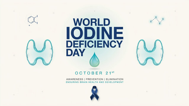 Iodine deficiency day medical awareness with thyroid icons and blue ribbon on white base