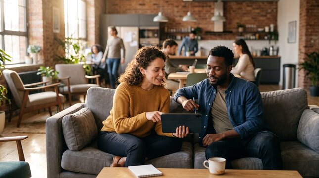 Candid editorial lifestyle photo of colleagues casually brainstorming and looking at a tablet together on a comfortable sofa in a modern lounge