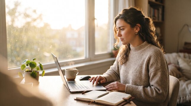 Authentic editorial lifestyle photo of a focused remote professional working on a laptop near a bright window during golden hour