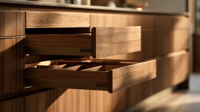 Remodeled kitchen highlighting modular drawer dividers and a pullout tray for efficient storage