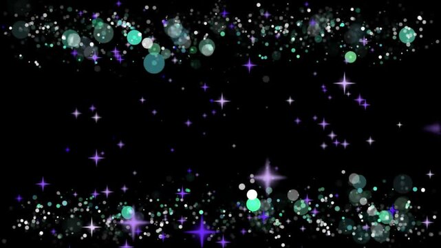 Particles drift along the top and bottom borders of a dark digital screen with glowing stars and blurred circular lights.
