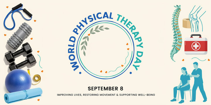 Physical therapy day banner with exercise equipment, spine, and therapist helping a patient