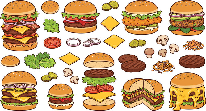 Burger Collection with Cheeseburgers, Bacon, Pickles, Mushrooms, Lettuce, Tomatoes, Onions, Cheese Slices, Patties and Assorted Fast Food Ingredients