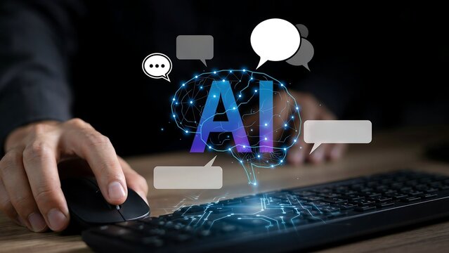 Artificial intelligence brain graphic with chat bubbles above a keyboard and hand on mouse during digital communication