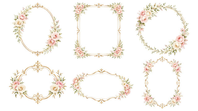 Six ornate gold floral frames with pink watercolor roses and greenery, vintage decorative borders for invitations, stationery, wedding and craft designs