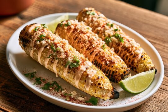 Rustic plated elotes with smoky grill marks and fresh herbs
