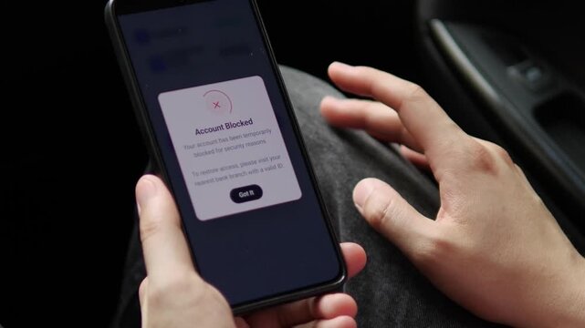Mobile banking account is blocked after a security alert, highlighting fraud prevention, identity protection and rising concerns over digital financial security.