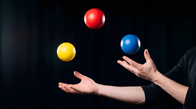 Juggling primary color spheres midair, skilled entertainer performing balance concept, hands juggling red blue yellow balls against dark background