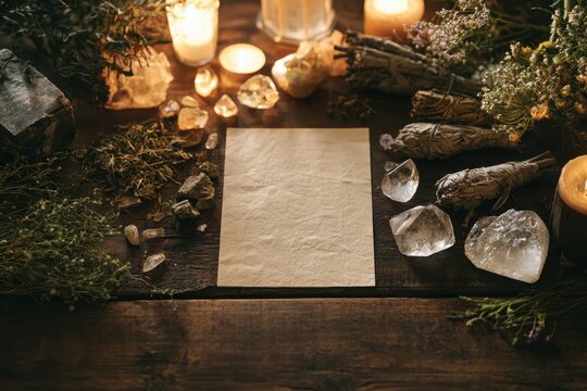 Rustic scene on dark wood with herbs, flowers, and softly glowing candles leaving an empty space for text