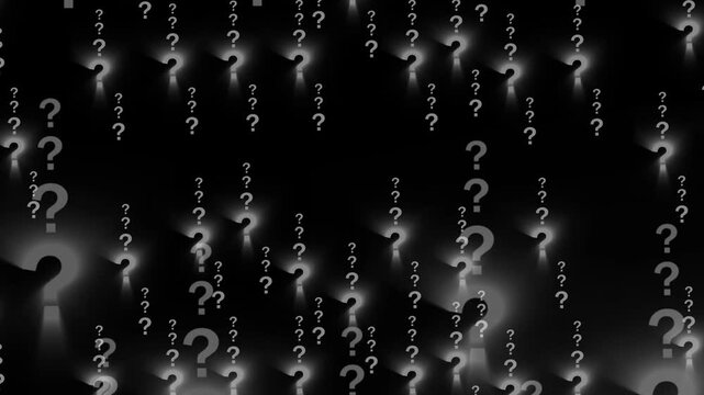 Question marks animation scatters digital inquiry symbols. Knowledge exploration query databases route through question marks animation. Educational apps use marks.