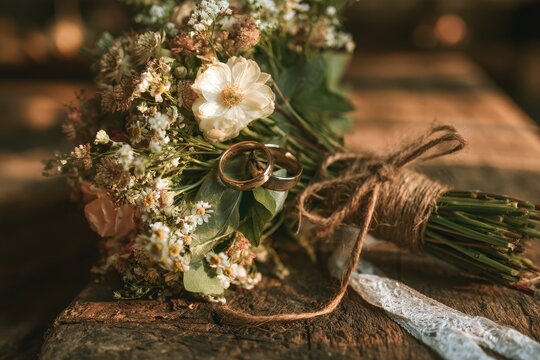 Rustic wedding bouquet with intertwined rings on a weathered wooden surface