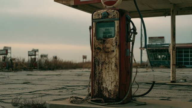 Rusty fuel pump and cracked forecourt in a neglected rural gas station
