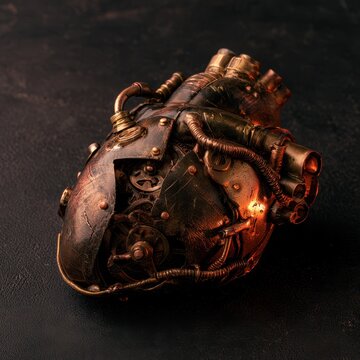 Rusty Mechanical Heart Anatomy Art with Cog Wheels and Tubing on a Matte Dark Surface