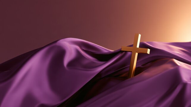 Sacred 3D artwork featuring flowing satin and a cross symbol on a violet backdrop for church notices during Advent and Lent