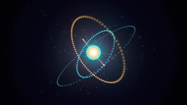 Abstract Glowing Atom Structure with Electron Orbits and Nucleus on Dark Background for Science and Technology Concepts