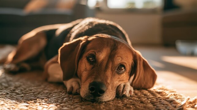 Sad dog resting on a woven mat in a sunlit living room, waiting for its owner