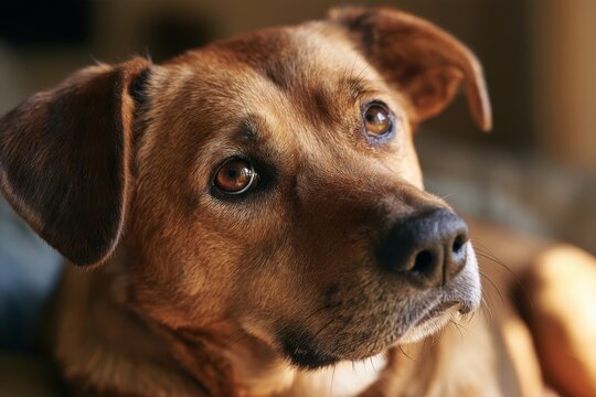 Sad dog portrait with droopy ears and soulful eyes in neutral light