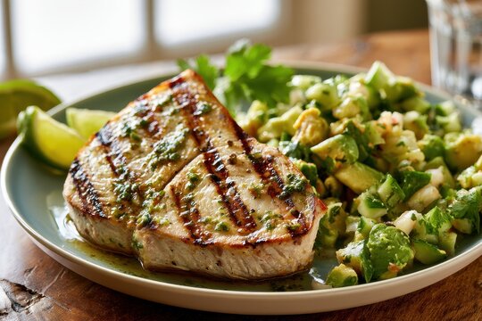 Seared swordfish with fresh avocado cucumber lime salsa on a plate