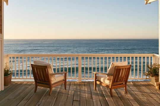 Seaside porch scene: chairs on weathered deck overlooking horizon