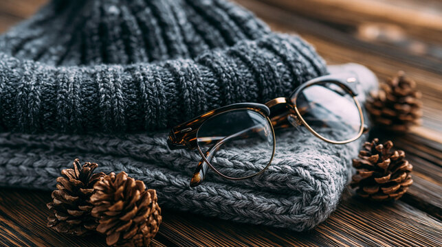 Cozy knitted wool hat paired with stylish optical eyeglasses and pine cones resting on wooden planks