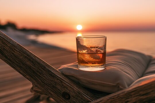 Seaside sunset scene: a single tumbler of whiskey on an outdoor chair with warm glow