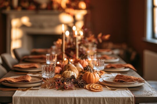 Seasonal Autumn Dinner Table in a Rustic Dining Room with Pumpkin Accents and Soft Lighting