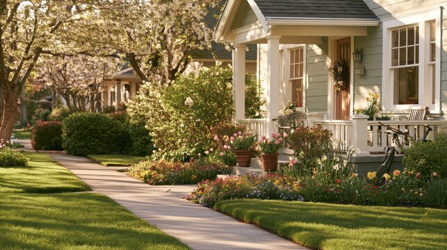 Seasonal Curb Appeal Scene: Blossoming Garden, Neat Walkway, and Cozy Porch in Spring Light