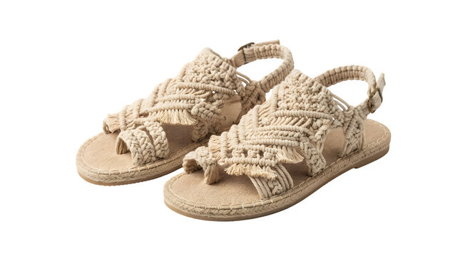 Isolated beige woven sandals with transparent background for fashion design.