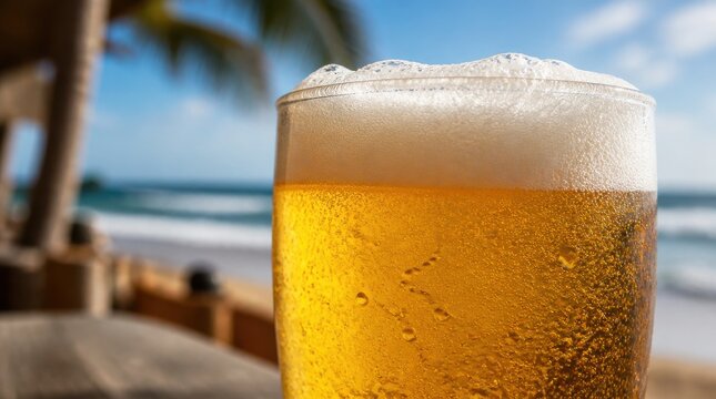 Beer glass: a glass of golden lager enjoying the cool ocean breeze at a beachfront bar
