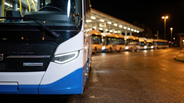 Electric bus: a fleet of electric buses parked overnight at a contemporary public transportation terminal