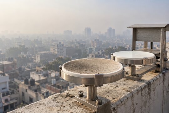 Winter Air Pollution Monitoring Above Hazy City Skyline