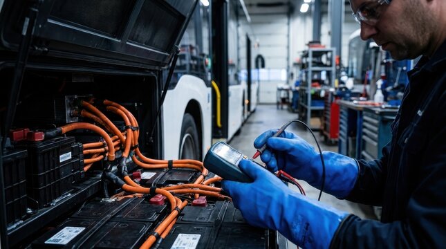 Electric bus: a maintenance technician inspecting the battery compartment of an electric public transit vehicle