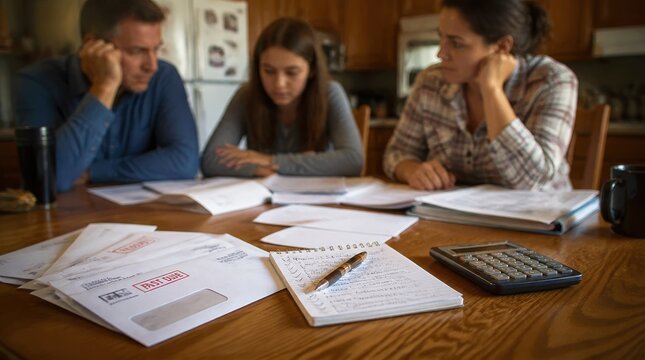 Family finances: family members discussing budget challenges around a kitchen table covered with monthly bills