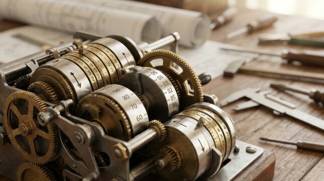 Mechanical computing: an antique analog computing machine processing numerical data in an engineering workshop