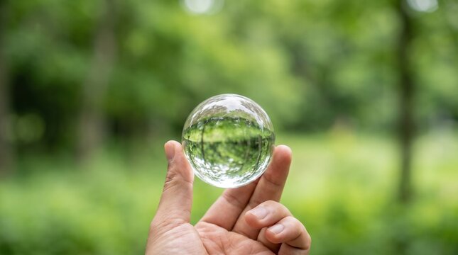 A human hand holding a pristine glass sphere, capturing an inverted reflection of a lush green forest, symbolizing environmental focus and unique perspective