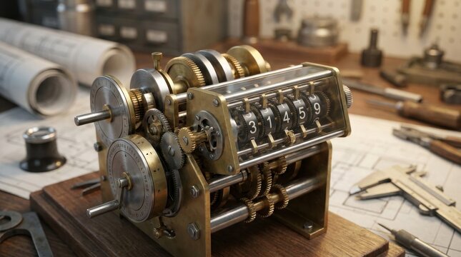 Mechanical computing: an intricate computer mechanism calculating numerical patterns on a technical workbench