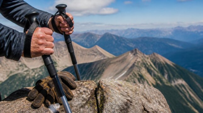 Mountain hiking: a trekking group reaching a scenic summit overlooking a vast mountain wilderness
